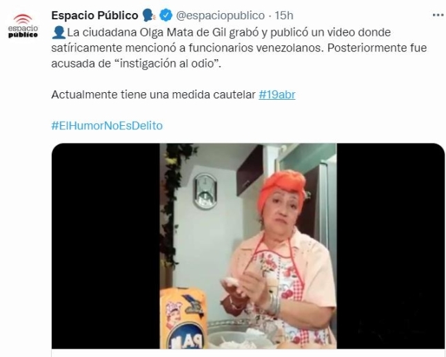 정치인 소재 개그 영상을 올렸다가 체포된 베네수엘라의 72세 틱톡 사용자. 2022.04.21 베네수엘라 시민단체 트위터