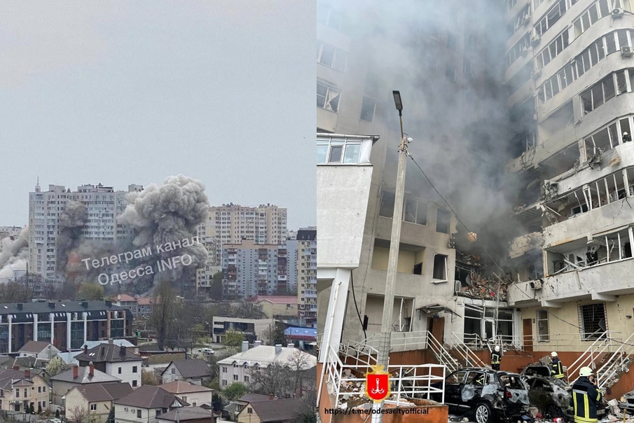 23일(현지시간) 미사일 공격을 받은 우크라이나 남부 항구도시 오데사 주택가에서 잿빛 연기가 피어오르고 있다.(왼쪽) 소방대원들이 폭격으로 인한 화재를 진압하고 있다. 2022.4.24  트위터, 오데사시 공식 텔레그램 캡처