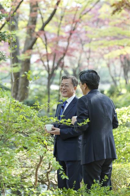 문재인 대통령이 지난 15일 청와대 상춘재 옆 산책로에서 JTBC 손석희 전 앵커와 대담을 하고 있다. 청와대 제공