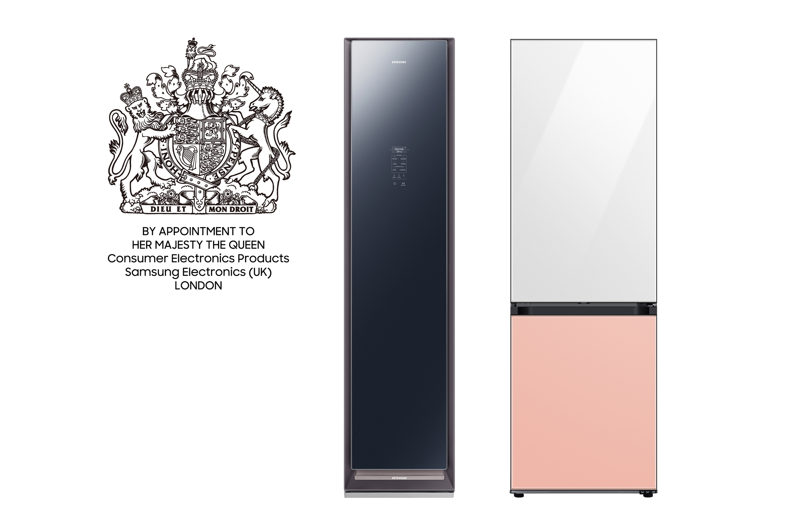 영국 왕실로부터 ‘퀸 로열 워런트’ 인증을 받은 삼성 에어드레서와 비스포크 냉장고 이미지. 삼성전자 제공 