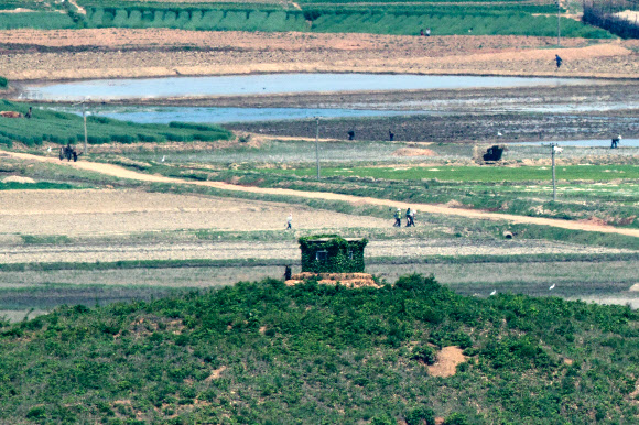 북한이 신종 코로나바이러스 감염증(코로나19) 확진자가 발생한 사실을 처음으로 공개한 12일 경기도 파주시 오두산 통일전망대에서 바라본 북한 황해북도 개풍군에서 초소 너머로 북한 주민들이 농사일을 하고 있다. 2022.5.12  연합뉴스
