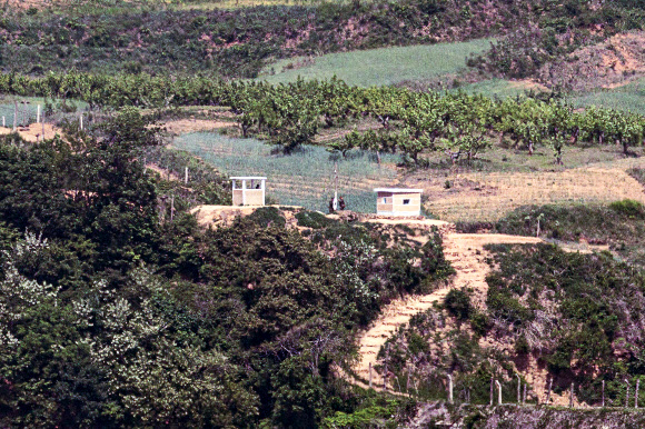 북한이 신종 코로나바이러스 감염증(코로나19) 확진자가 발생한 사실을 처음으로 공개한 12일 경기도 파주시 오두산 통일전망대에서 바라본 북한 황해북도 개풍군 임진강변 초소에 북한군이 모여 있다. 2022.5.12  연합뉴스