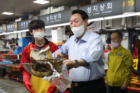 윤석열 대통령이 31일 부산 중구 자갈치시장을 찾아 뜰채로 활어를 건져올리고 있다. 2022. 5. 31. 박지환 기자