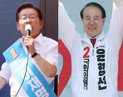 인천 계양을 국회의원 보궐선거에서 낙승한 민주당 이재명 당선자(왼쪽)와 국민의힘 윤형선 후보.