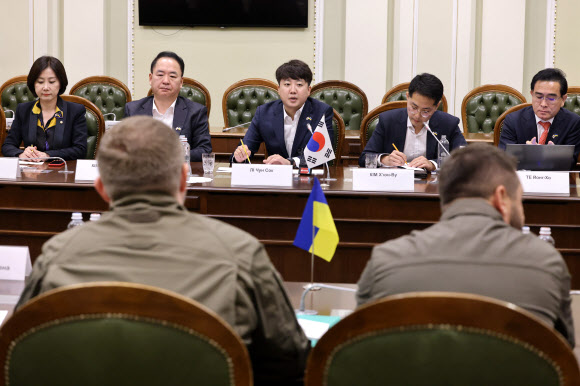우크라이나를 방문한 국민의힘 이준석 대표가 6일(현지 시각) 우크라이나 국회를 방문, 회담을 하고 있다. 2022.6.8  국민의힘 제공