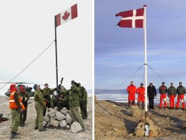 북극해의 조그만 무인도 한스 섬을 둘러싸고 캐나다와 덴마크가 영유권 다툼을 49년 동안 벌여왔다. 두 나라 군인들이 자국 국기를 꽂고 예를 표하고 있다.