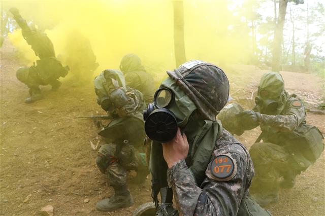 6일 오전 대구 육군 50사단 신병교육대대 각개전투 교장에서 훈련병들이 각개전투 훈련을 하고 있다.  이들은 코로나19 사태로 이후 2년 5개월 만인 지난달 7일 재개된 가족동반 입영 행사를 통해 입대한 강철 160기 훈련병들이다. 2022.7.6 뉴스1