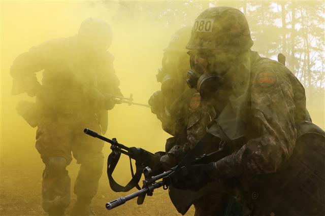 6일 오전 대구 육군 50사단 신병교육대대 각개전투 교장에서 훈련병들이 각개전투 훈련을 하고 있다.  이들은 코로나19 사태로 이후 2년 5개월 만인 지난달 7일 재개된 가족동반 입영 행사를 통해 입대한 강철 160기 훈련병들이다. 2022.7.6 뉴스1