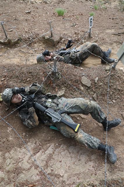 6일 오전 대구 육군 50사단 신병교육대대 각개전투 교장에서 각개전투 훈련에 투입된 훈련병들이 철조망을 통과하고 있다.  이들은 코로나19 사태로 이후 2년 5개월 만인 지난달 7일 재개된 가족동반 입영 행사를 통해 입대한 강철 160기 훈련병들이다. 2022.7.6 뉴스1