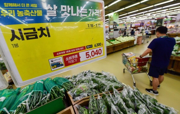 봄가뭄 등의 이유로 가격이 농산물 가격이 급등하고 있는 가운데 17일 서울의 한 대형마트에서 시금치가 매대에 놓여 있다. 2022. 7. 17 정연호 기자