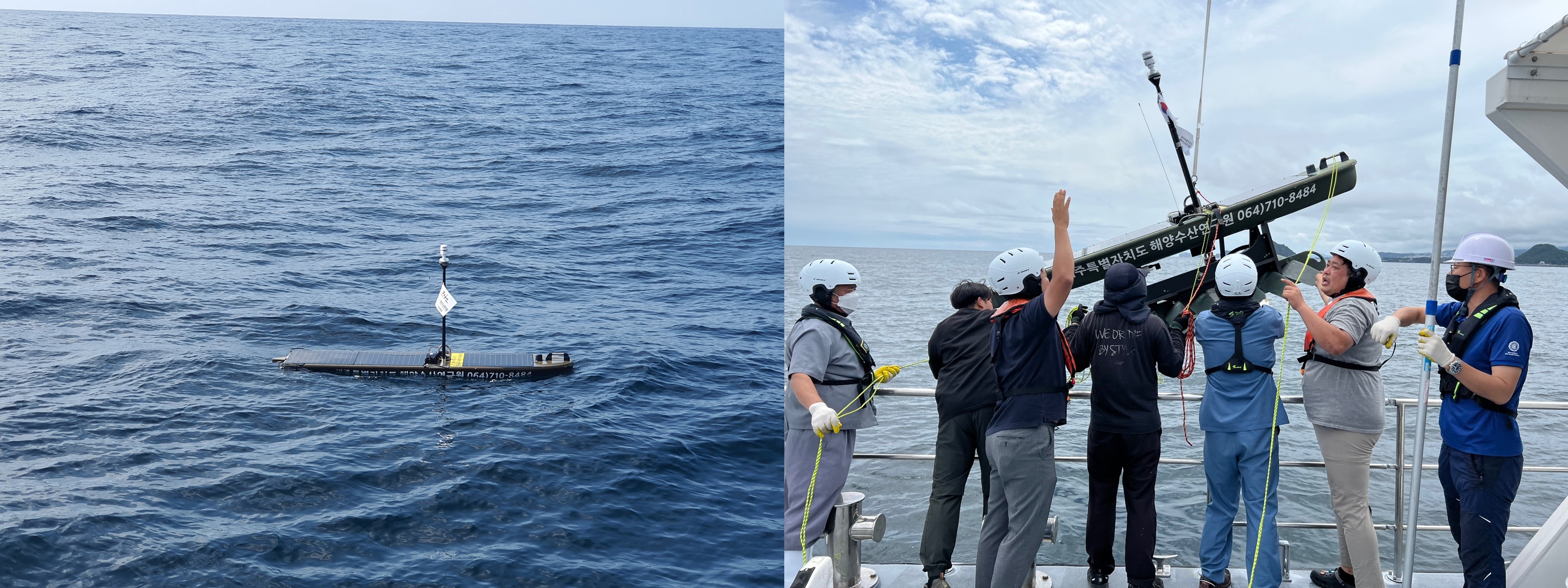 제주도 해양수산연구원이 고수온·저염분수 조사 위한 무인측정장치인 웨이브 글라이더(왼쪽)를 설치(오른쪽)하는 모습.  -제주도 해양수산연구원 제공 