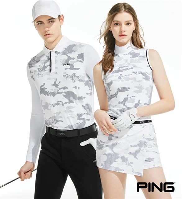 남녀 모델이 핑 어패럴이 출시한 ‘2022 S/S 골프 의류’ 중 ‘카무플라주’(패션에 적용된 위장용 무늬)가 특징인 옷을 입고 포즈를 취하고 있다. 핑 어패럴 제공