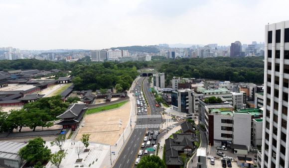 서울시가 창경궁과 종묘를 90년 만에 다시 연결하는 ‘창경궁?종묘 연결 역사복원사업’을 완료했다고 20일 밝혔다.  담장을 사이에 두고 숲으로 이어져 있던 종묘와 창경궁은 일제가 1932년 ‘종묘관통도로’(율곡로)를 개설하면서 단절됐다. 사진은 ‘창경궁·종묘 연결 역사복원사업’ 모습. 2022.7.20  공동취재단