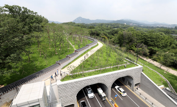 서울시가 일제가 갈라놓은 창경궁과 종묘를 90년 만에 다시 연결하는 ‘창경궁-종묘 연결 역사복원사업’을 완료했다고 20일 밝혔다.  창경궁과 종묘를 단절시켰던 율곡로를 지하화하고 그 위에 축구장보다 넓은 녹지(약 8000㎡)를 만들어 끊어졌던 녹지축을 이었다. 사진은 ‘창경궁·종묘 연결 역사복원사업’ 모습. 2022.7.20  공동취재단
