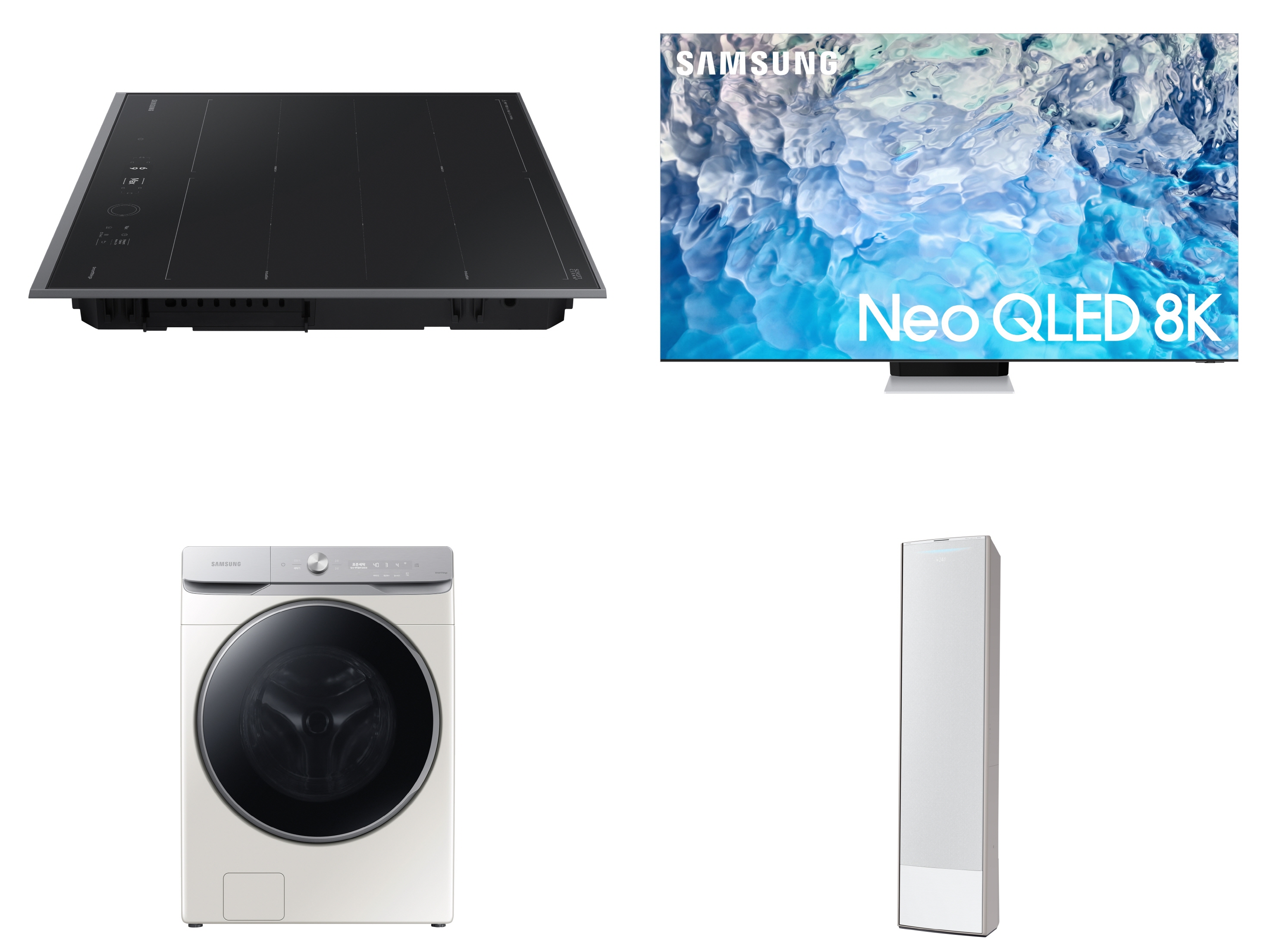 ‘제25회 올해의 에너지위너상’에서 수상한 삼성전자 주요 제품들. (사진 윗줄 왼쪽부터 시계 방향으로)비스포크 인덕션 인피니트 라인, Neo QLED 8K TV, 비스포크 무풍에어컨 갤러리, 비스포크 그랑데 AI 세탁기. 삼성전자 제공