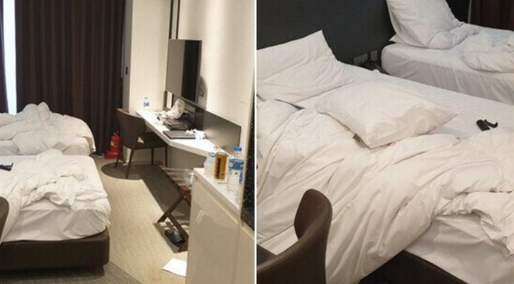 고객이 방을 더럽게 썼다며 객실 사진을 공개한 호텔 직원의 게시물. 트위터 캡처