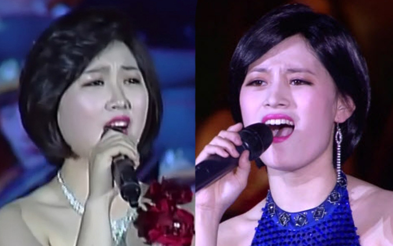 북한 전승절 기념행사에서 노래하는 신인 가수 문서향과 김류경. 조선중앙TV 화면