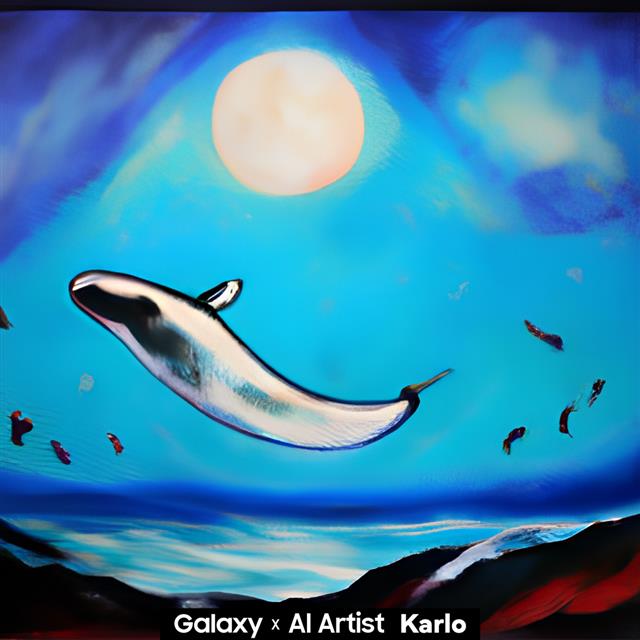 기자가 카카오브레인의 AI 화가 ‘칼로’에게 “우주에서 날고 있는 고래를 그려 줘”라고 주문하자 수 초 만에 내놓은 그림. 카카오브레인 제공
