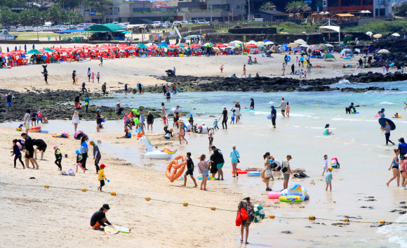 여름 제주 바다에서 물놀이