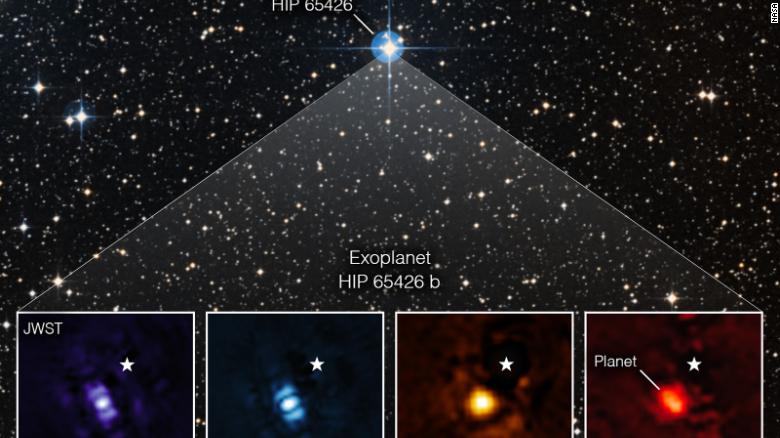 제임스 웹 우주 망원경이 서로 다른 적외선 대역에서 촬영한 외계행성 HIP 65426 b 이미지. NASA 캡처