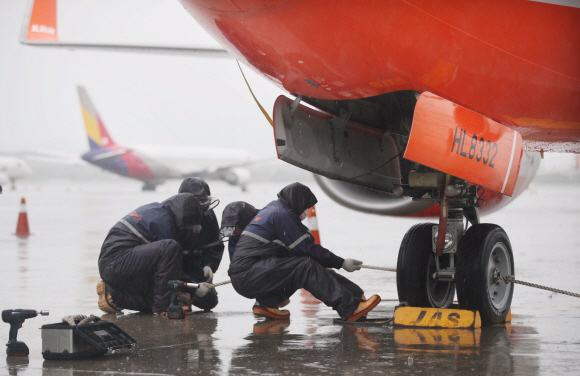 5일 오후 서울 김포국제공항 계류장에서 제주항공 관계자들이 태풍 ‘힌남노’ 북상에 대비해 항공기(737-800)에 대한 고정 결박 작업(무링작업)을 하고 있다. 2022. 9. 5 안주영 전문기자