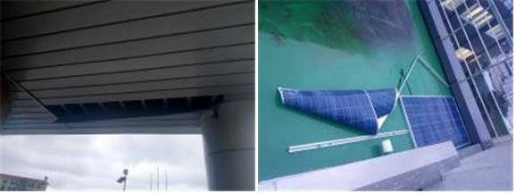 6일 오전 0시에서 6시 사이 충청북도해양교육원 제주분원 외벽 천장(왼쪽)과 태양광 패널(오른쪽)이 태풍 ‘힌남노’에 의한 강풍 피해로 파손됐다. 2022.09.06. 뉴시스