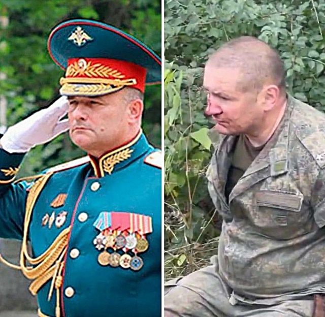 안드레이 시체보이 러시아군 육군 중장(왼쪽), 최근 하르키우에서 우크라이나 군에 붙잡힌 러시아 중령. 우크라이나 현지매체는 이 포로가 시체보이 중장일 가능성을 제기했다. 르비우 저널 트위터