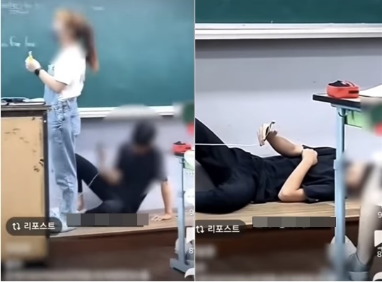 홍성 모 중학교에서 교단에 누운 학생이 여교사 뒤에서 휴대전화를 들고 있다. 틱톡 영상 캡처