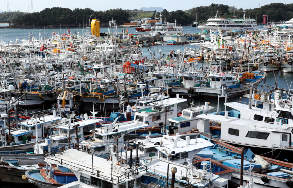제14호 태풍 ‘난마돌’이 북상하면서 18일 전남 여수 국동항에 어선들이 정박해 있다. 2022.9.18  연합뉴스