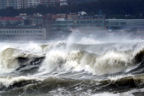 태풍경보가 발효 중인 19일 부산 해운대해수욕장 앞바다에 거센 파도가 몰아치고 있다. 2022.09.19. 뉴시스