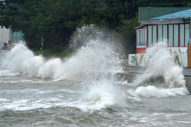 해안도로 삼킨 너울 파도