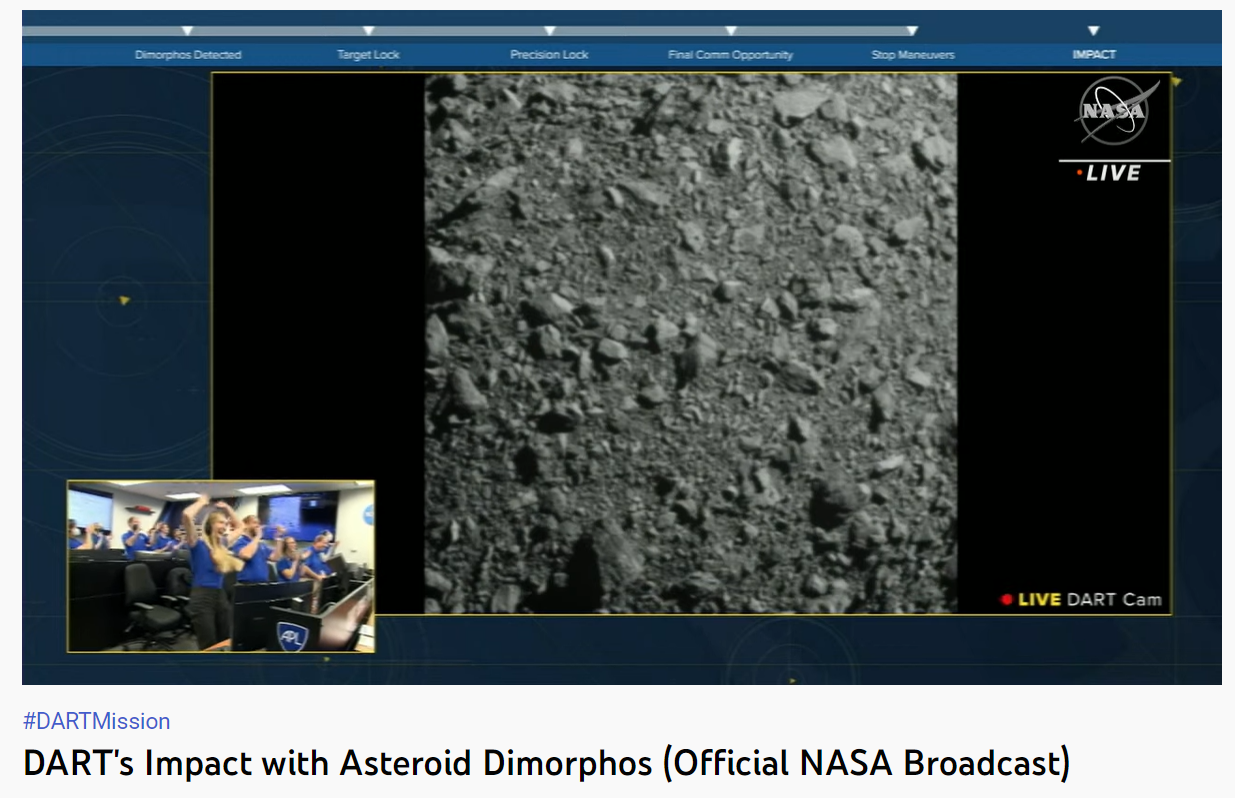 DART’s Impact with Asteroid Dimorphos (Official NASA Broadcast) 영상 캡처. NASA 유튜브. 2022.09.27