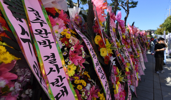 검수완박법 권한쟁의심판 사건의 공개변론이 열린 27일 서울 종로구 헌법재판소 앞에 검수완박 반대 및 한동훈 법무부 장관을 응원하는 화환이 줄지어 놓여 있다. 2022. 9. 27  박윤슬 기자