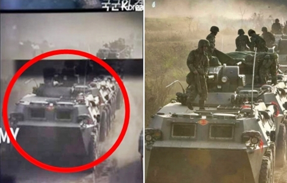 74주년 국군의 날 기념식 ‘국군의 결의’ 영상(왼쪽)에 등장하는 중국 인민해방군 장갑차와 중국망 한국 사이트에서 검색하면 나오는 ‘중국 92식 보병전투차’ 모습이 판박이다.