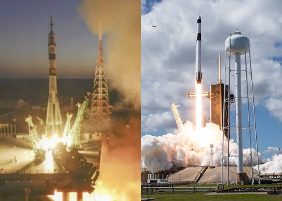 러시아 소유즈 우주선 발사 모습과 미국의 스페이스X 발사모습.