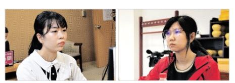 중국의 리허(오른쪽) 5단과 일본의 우에노 아사미(왼쪽) 4단이 17일 중국 베이징 중국기원과 일본 도쿄 일본기원에서 온라인으로 ‘호반배 서울신문 세계여자바둑패왕전’ 2라운드 대국을 벌이고 있다.  중국기원·일본기원 제공