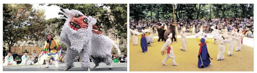 유네스코 세계무형문화유산 등재를 눈앞에 둔 ‘한국의 탈춤’ 중 봉산탈춤(왼쪽 사진)은 약 200년 전부터 매년 단오와 하짓날 밤에 행해진 행사로 다른 탈춤에 비해 춤사위가 활발하고 화려하다. 북청사자놀음(오른쪽 사진)은 사자에게 사악한 것을 물리칠 힘이 있다고 믿어 잡귀를 쫓고 마을의 평안을 비는 행사로 널리 행해졌고 현재는 서울을 중심으로 전승되고 있다. 문화재청 제공