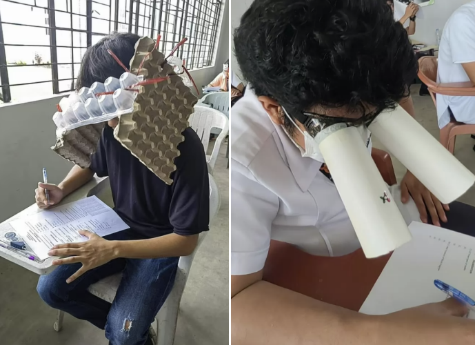 필리핀 레가스피시(市)에 있는 비콜대학교 학생들은 지난주 중간고사 시험에서 커닝을 막기 위한 모자를 쓰고 시험에 임했다.