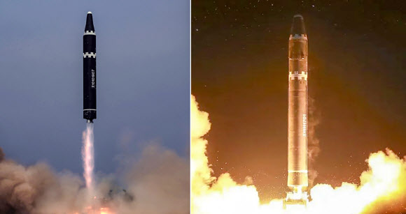 북한군이 7일 한미 연합공중훈련 ‘비질런트 스톰’에 대응해 지난 2∼5일 나흘간 대남 군사 작전을 진행했다고 밝히면서 공개한 대륙간탄도미사일(ICBM) 발사 사진이다. 우리 군은 북한이 ICBM 화성17형을 발사했다고 판단했으나, 공개된 사진은 화성 15형일 가능성이 제기된다. 다만 이 미사일은 오른쪽(화성-15형)에 비해 탄두 부분이 뾰족한 모습으로 대기권 진입시 속도를 높이려는 의도가 있다는 분석이 나온다. (사진=연합뉴스·조선중앙통신)