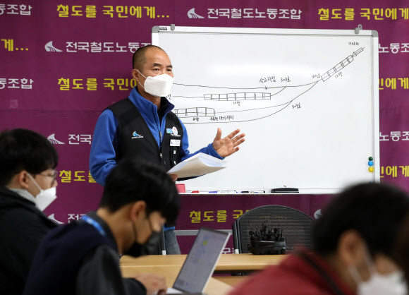 허병권 전국철도노동조합 노동안전실장이 8일 오전 서울 용산구 철도노조 회의실에서 열린 오봉역 입환업무 수송원 산재 사망사고 관련 기자간담회에서 사고 상황을 설명하고 있다. 2022.11.08 뉴시스