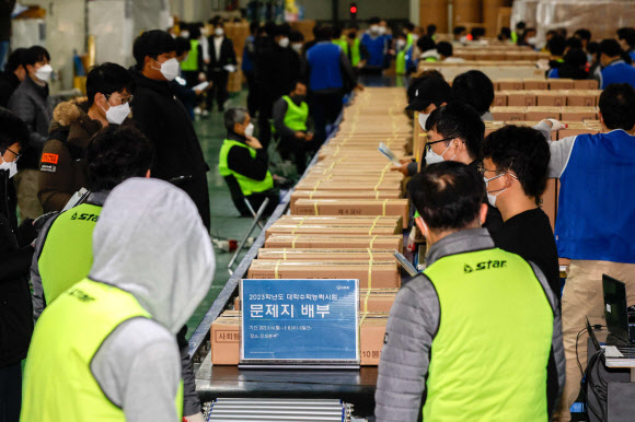 14일 오전 세종시의 한 인쇄공장에서 인수책임자 및 관계 직원, 중앙협력관 등이 2023학년도 대학수학능력시험용 문제지와 답안지를 전국 시험 지구별로 배부하고 있다. 2022.11.14  공동취재단