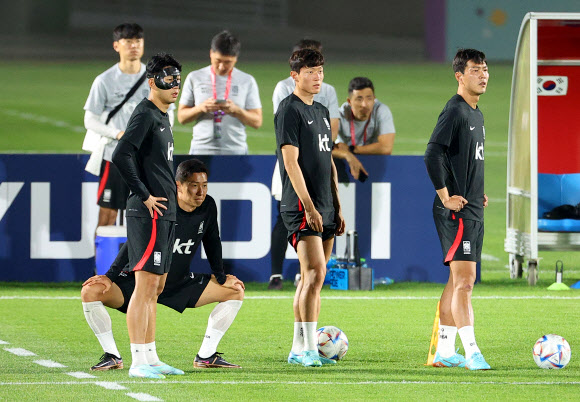 2022 카타르 월드컵 대한민국 축구대표팀 손흥민(왼쪽부터), 김태환, 황의조, 김영권이 월드컵 개막을 사흘 앞둔 17일(현지시간) 카타르 도하 알에글라 훈련장에서 실시된 훈련에서 코치의 설명을 듣고 있다. 2022.11.18  연합뉴스