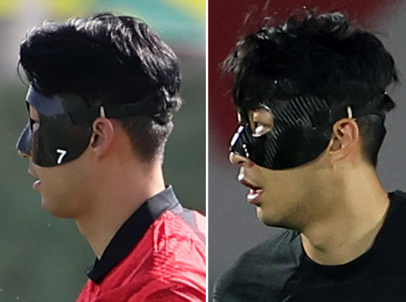 2022 카타르 월드컵 대한민국 축구 국가대표팀의 손흥민이 17일(현지시간) 오후 카타르 도하 알에글라 훈련장에서 오후 훈련을 소화하고 있다.  전날 훈련 때와 다르게 안면 보호대에 숫자 ‘7’이 사라져 있다.  대한축구협회 관계자는 이날 “전날 FIFA 관계자와 미팅에서 손흥민의 얼굴 보호대 착용을 1차로 승인받았다. 다만 경기에선 숫자 ‘7’이 적히지 않은 마스크를 착용하게 될 것”이라고 말했다. 2022.11.18 연합뉴스