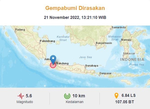 인도네시아 서자바 지진. 인도네시아 기상기후지질청(BMKG) 홈페이지 캡처.  