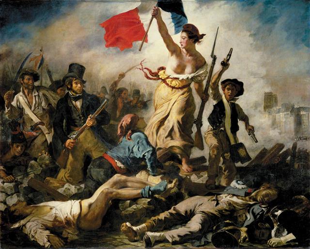 프랑스 낭만주의 화가 외젠 들라크루아가 7월 혁명을 기념하기 위해 1830년 그린 ‘민중을 이끄는 자유의 여신’. 그림 가운데 프랑스 국기와 총검을 들고 있는 여성은 ‘자유’를 상징한다.