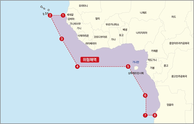 해양수산부가 지난 2월 지정한 기니만 인근 서아프리카 고위험해역.(자료=해양수산부)