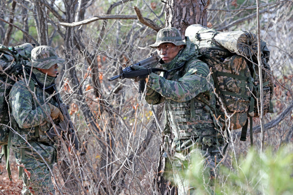 13일 경북 포항에서 해병대 장병들이 수색교육을 위한 종합전술훈련에서 침투하는 훈련을 하고 있다. 2022.12.13  연합뉴스