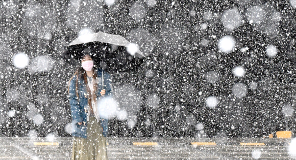 눈이 내린 13일 서울 서초구의 한 거리에서 시민이 우산을 쓴채 눈을 맞고 있다. 2022.12.13  박지환 기자