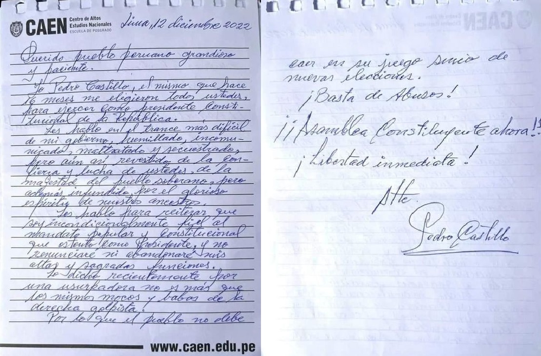 페드로 카스티요 전 페루 대통령의 친필 편지. 페루 라레퍼블리카 홈페이지 갈무리