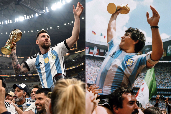 TOPSHOT - (COMBO) This combination of pictures created on December 18, 2022 shows Argentina‘s forward Lionel Messi (L) holding the World Cup trophy after beating France during the Qatar 2022 World Cup final football match at Lusail Stadium in Lusail, north of Doha on December 18, 2022 and Argentina’s captain Diego Armando Maradona (R) holding the World Cup  trophy won by his team after a 3-2 victory over West Germany on June 29, 1986 at the Azteca Stadium in Mexico City. (Photo by Anne-Christine POUJOULAT / AFP)/2022-12-19 05:11:45/ <저작권자 ⓒ 1980-2022 ㈜연합뉴스. 무단 전재 재배포 금지.>